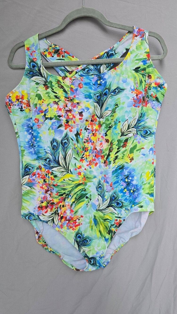 Longitude Swimsuit Womens 16 Tropical Floral One Piece Tank Built In Bra Peacock
